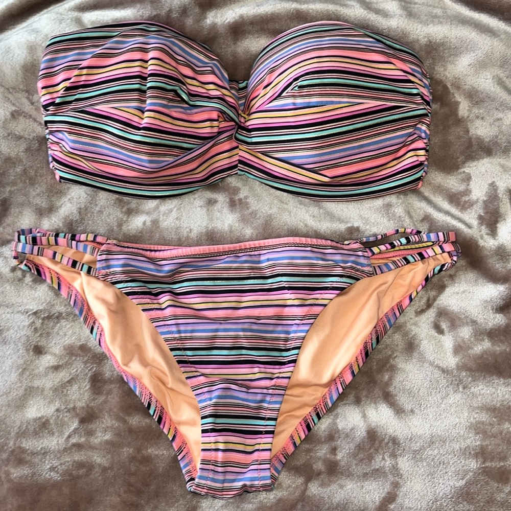 Victoria’s Secret Swim Striped Knockout Bandeau Size 34DD Strappy Cheeky Size L